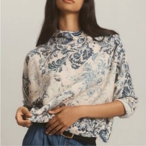 Anthropologie Alani Cashmere Mock Neck Rollneck Sweater Indigo Floral Medium
